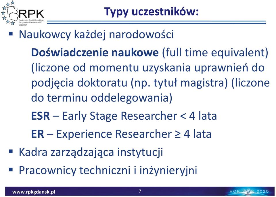 tytuł magistra) (liczone do terminu oddelegowania) ESR Early Stage Researcher < 4 lata