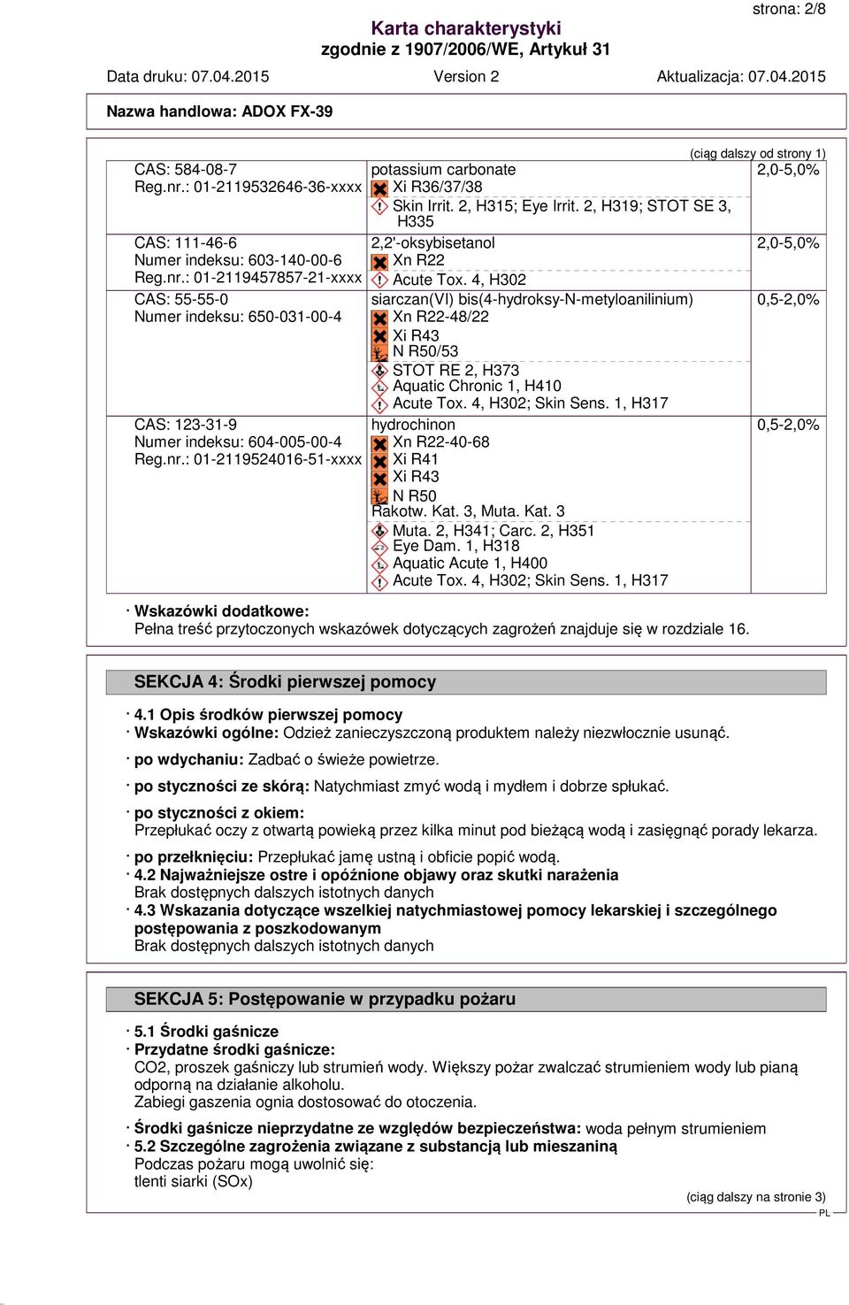 4, H302 siarczan(vi) bis(4-hydroksy-n-metyloanilinium) 0,5-2,0% Xn R22-48/22 Xi R43 N R50/53 STOT RE 2, H373 Aquatic Chronic 1, H410 Acute Tox. 4, H302; Skin Sens.