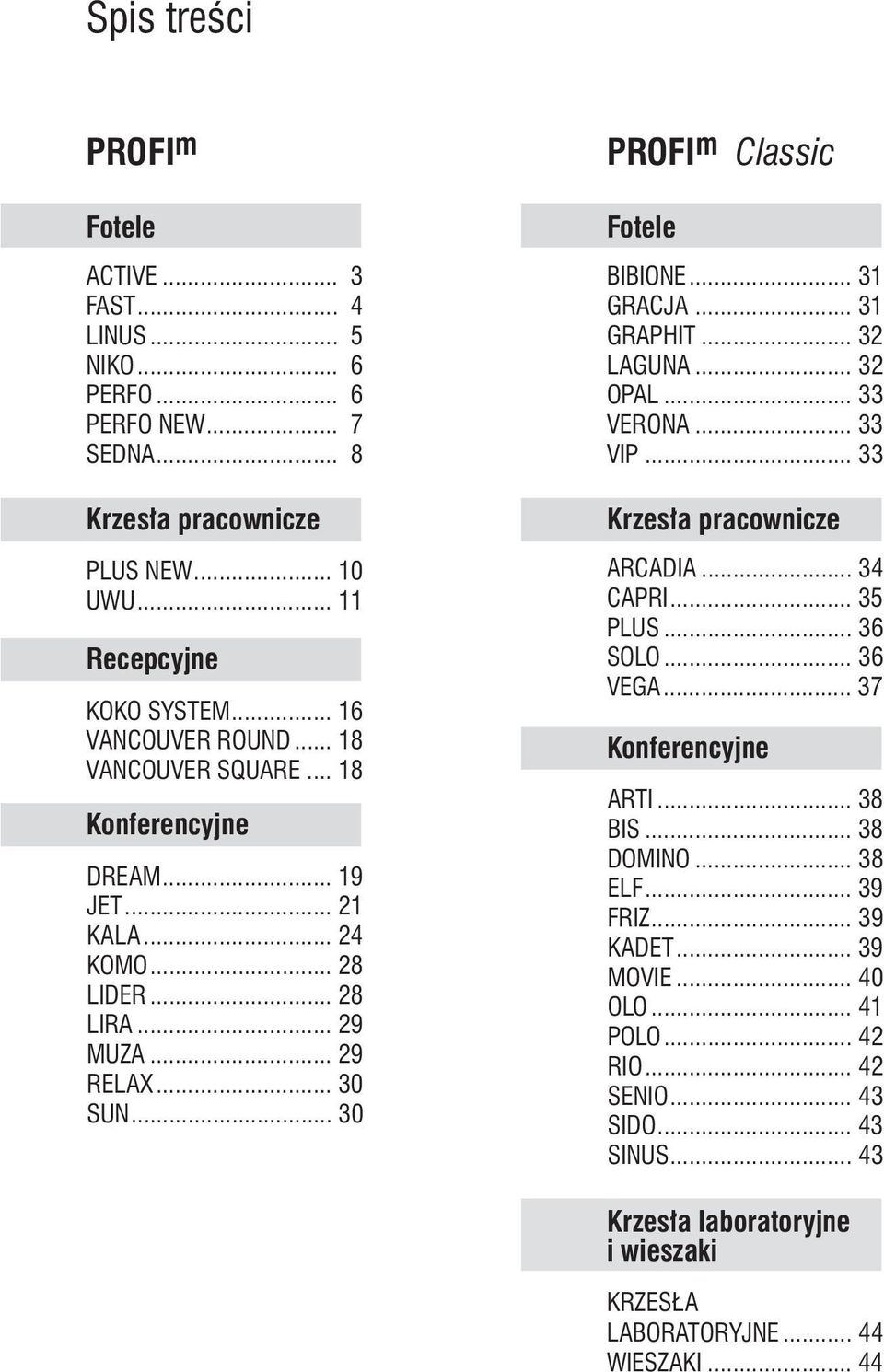 .. 30 PROFI m Classic Fotele BIBIONE... 31 GRACJA... 31 GRAPHIT... 32 LAGUNA... 32 OPAL... 33 VERONA... 33 VIP... 33 Krzesła pracownicze ARCADIA... 34 CAPRI... 35 PLU... 36 OLO... 36 VEGA.