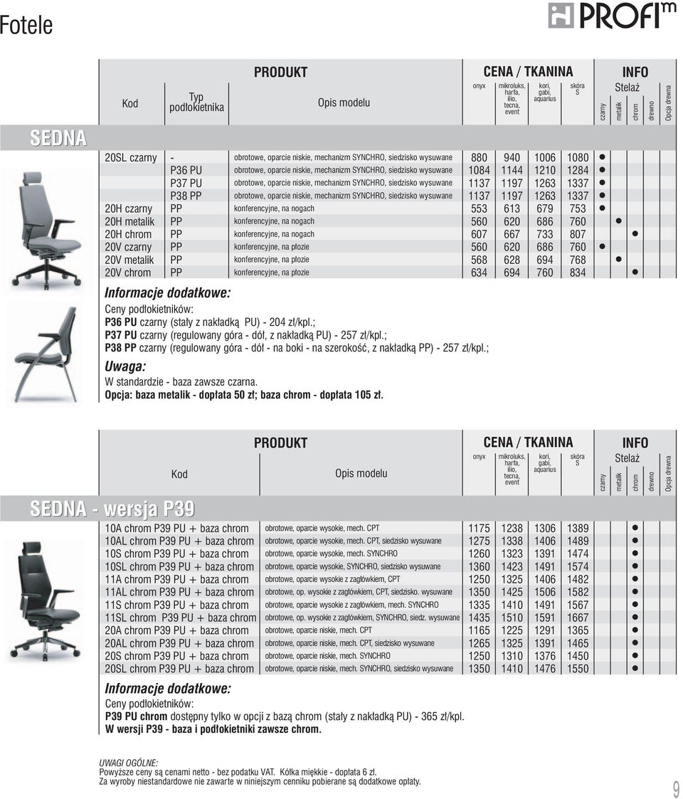 podłokietników: P36 (stały z nakładką ) 204 zł/kpl.; P37 (regulowany góra dół, z nakładką ) 257 zł/kpl.; P38 PP (regulowany góra dół na boki na szerokość, z nakładką PP) 257 zł/kpl.