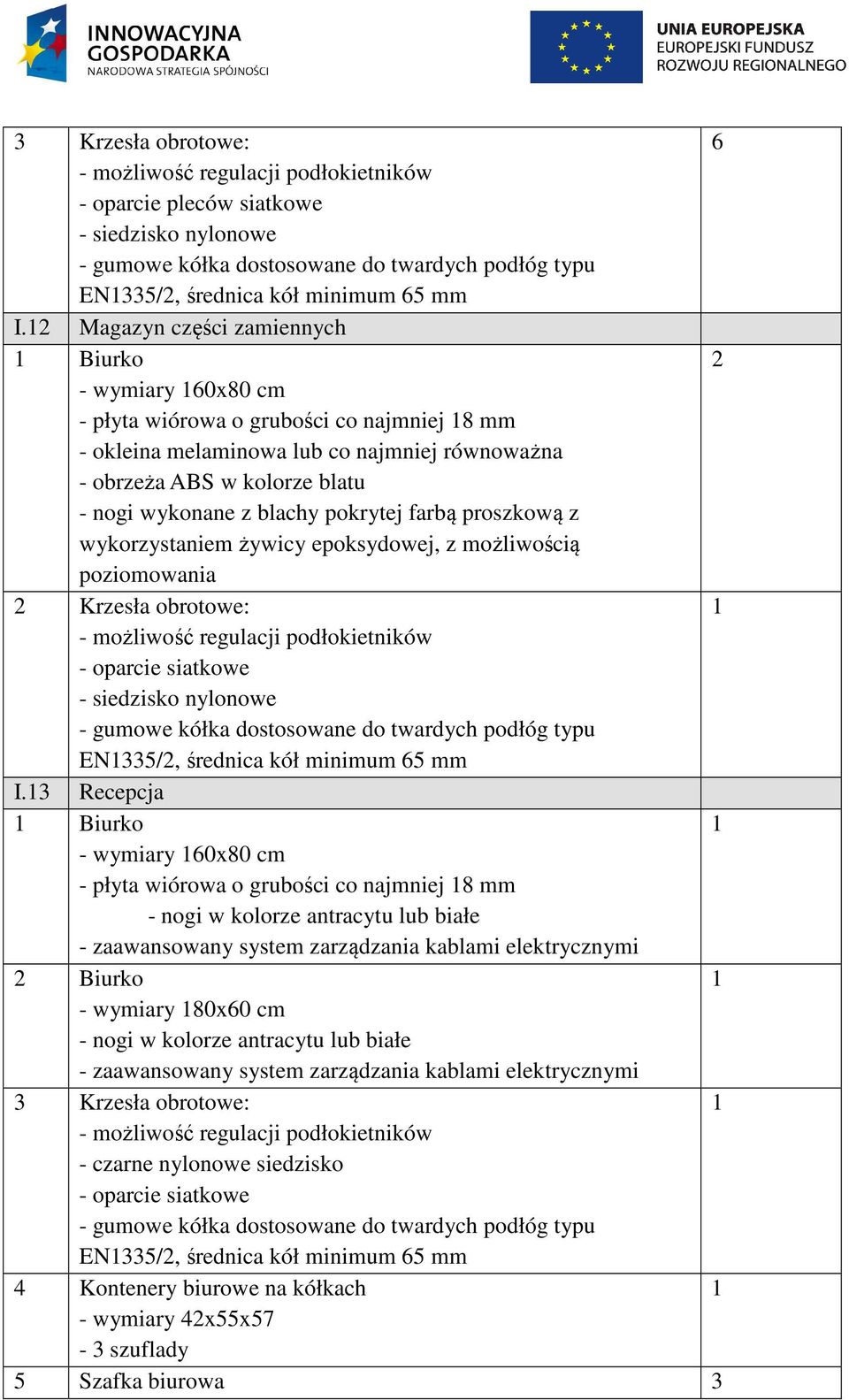 wykorzystaniem żywicy epoksydowej, z możliwością poziomowania Krzesła obrotowe: - siedzisko nylonowe EN335/, średnica kół minimum 65 mm I.