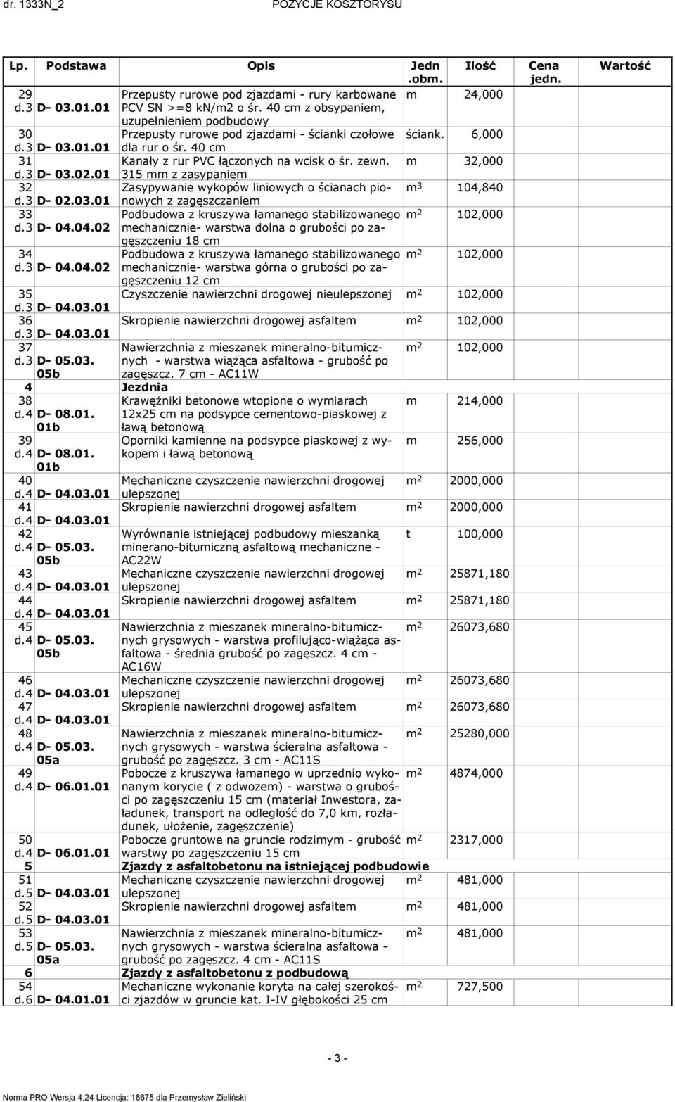 01 315 mm z zasypaniem 32 Zasypywanie wykopów liniowych o ścianach pio- m 3 104,