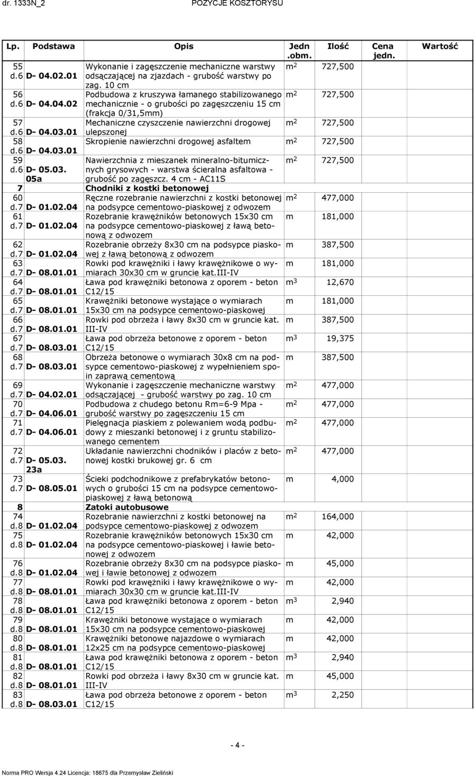 6 D- 04.03.01 ulepszonej 58 Skropienie nawierzchni drogowej asfaltem m 2 727,500 d.6 D- 04.03.01 59 m 2 727,500 d.6 D- 05.03. 05a grysowych - warstwa ścieralna asfaltowa - grubość po zagęszcz.