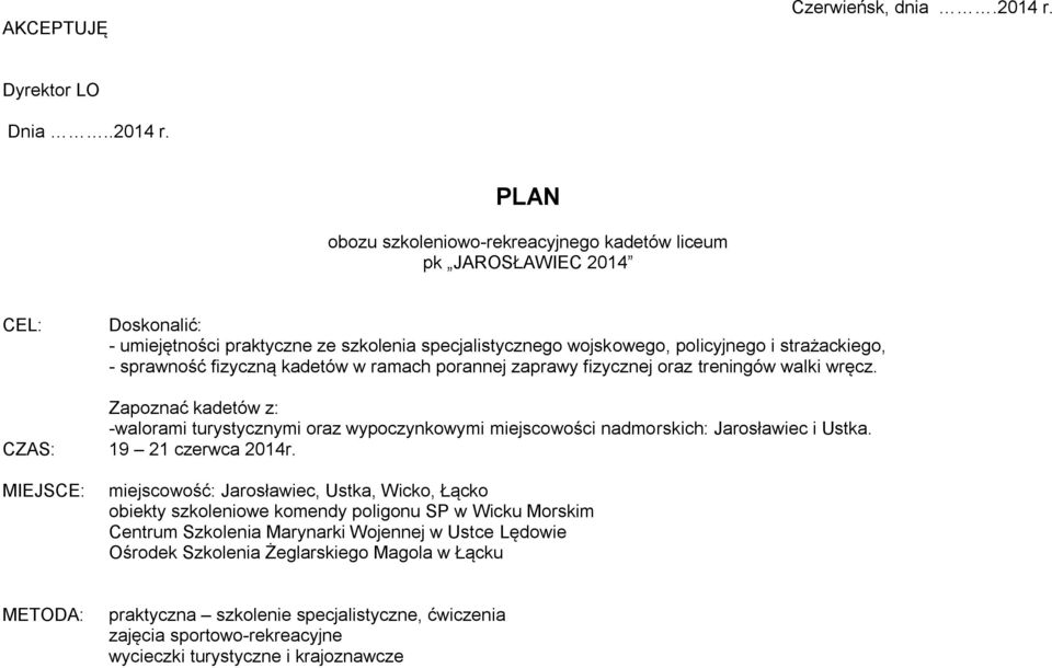 PLAN obozu szkoleniowo-rekreacyjnego kadetów liceum pk JAROSŁAWIEC 2014 CEL: Doskonalić: - umiejętności praktyczne ze szkolenia specjalistycznego wojskowego, policyjnego i strażackiego, - sprawność