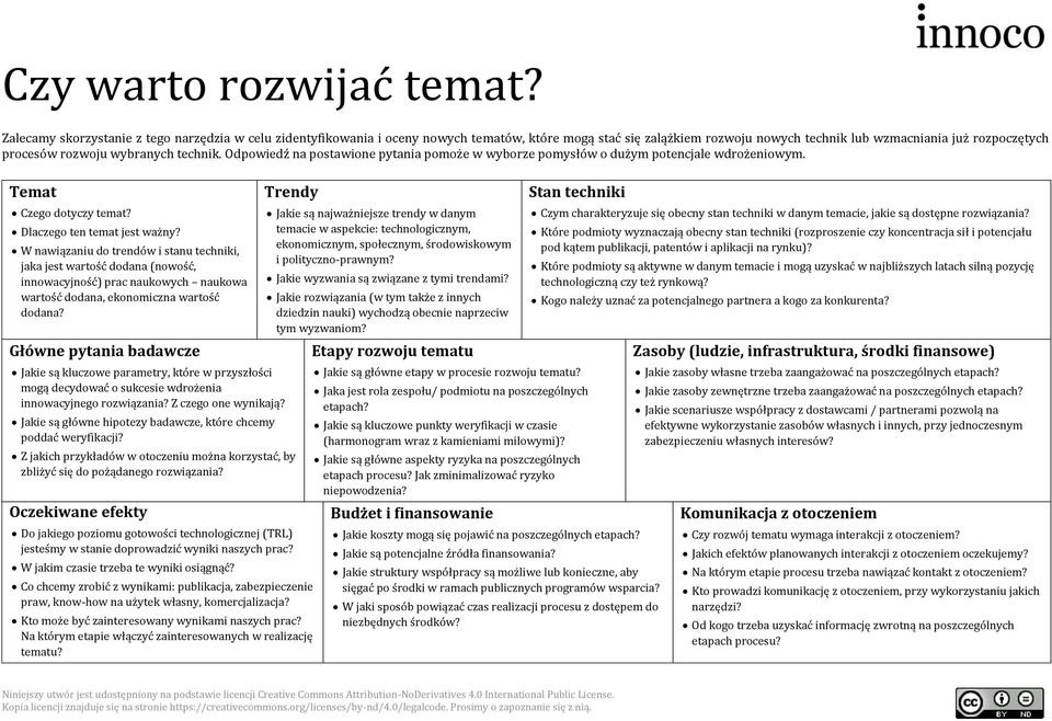 technik. Odpowiedź na postawione pytania pomoże w wyborze pomysłów o dużym potencjale wdrożeniowym. Temat Czego dotyczy temat? Dlaczego ten temat jest ważny?