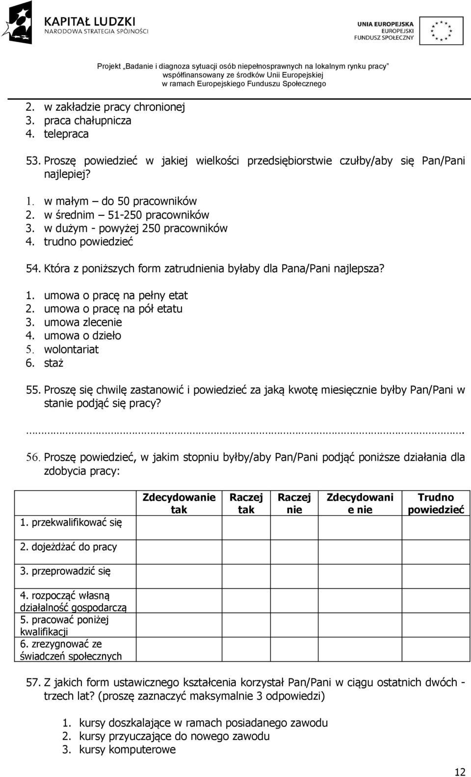 umowa o pracę na pół etatu 3. umowa zlecenie 4. umowa o dzieło 5. wolontariat 6. staż 55. Proszę się chwilę zastanowić i powiedzieć za jaką kwotę miesięcznie byłby Pan/Pani w stanie podjąć się pracy?