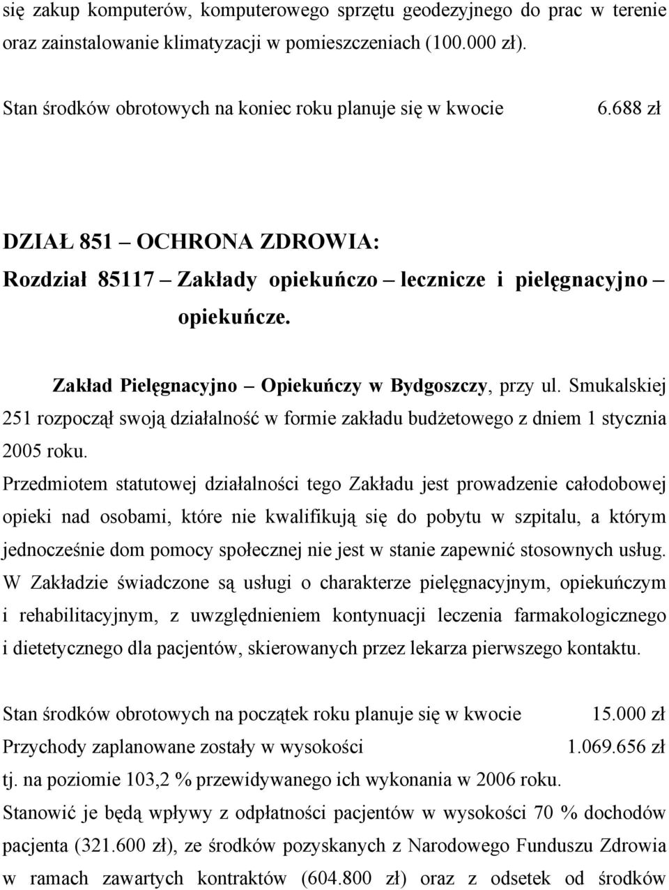 Zakład Pielęgnacyjno Opiekuńczy w Bydgoszczy, przy ul. Smukalskiej 251 rozpoczął swoją działalność w formie zakładu budżetowego z dniem 1 stycznia 2005 roku.