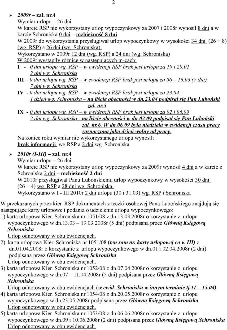 wysokości 34 dni (26 + 8) (wg. RSP) a 26 dni (wg. Schroniska). Wykorzystano w 12 dni (wg. RSP) a 24 dni (wg. Schroniska) W wystąpiły różnice w następujących m-cach: I - 0 dni urlopu wg.