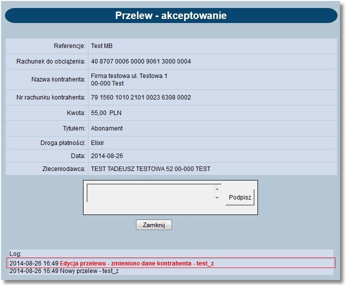 Rozdział 9 Przelewy Informacja taka wyświetlona jest czerwoną, pogrubioną czcionką i widoczna jest tylko wtedy, gdy podczas edycji danych przelewu zmieniono również nazwę lub rachunek kontrahenta.