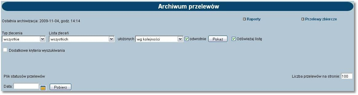 Rozdział 12 Przelewy zbiorcze Raport zawiera podsumowanie liczby i kwoty operacji zawartych w nim przelewów zbiorczych. 12.11.