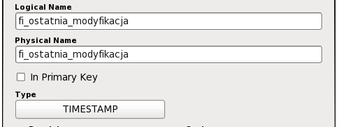 Ustaw typ na INTEGER. Zatwierdź dane przyciskiem OK. f. W ten sam sposób dodaj kolumnę przechowującą datę ostatniej modyfikacji. Nazwa logiczna i fizyczna kolumny to fi_ostatnia_modyfikacja.