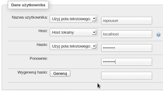 e. Dla nowej bazy danych dodamy użytkownika o nazwie repouser. W tym celu wybierz odnośnik Użytkownicy z górnego paska menu. Na wyświetlonej stronie wybierz odnośnik Dodaj użytkownika. f.