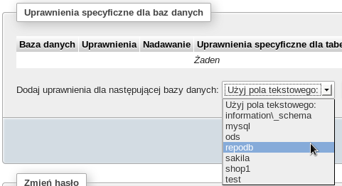i. Po wybraniu bazy danych repodb zostaniesz automatycznie przeniesiony na stronę z edycją uprawnień do wskazanej bazy danych.
