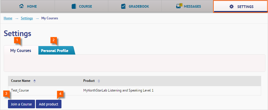 Karta Settings umożliwia zarządzanie kontem i wprowadzanie zmian w danych osobowych. 1. My Courses (Moje kursy): Listy wszystkich kursów, do których dołączyłeś(aś). 2.