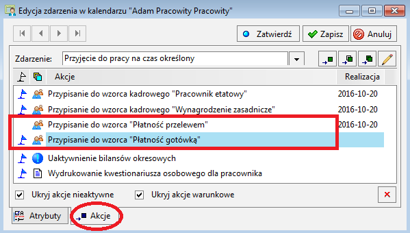 5.3 Zdarzenia Na kalendarzu pracownika na 01.02.2016 wstaw zdarzenie: "Stosunek pracy" "Przyjęcie do pracy" "Wynagrodzenie zasadnicze" "Przyjęcie do pracy na czas określony" w okresie 01.02.2016 do 30.