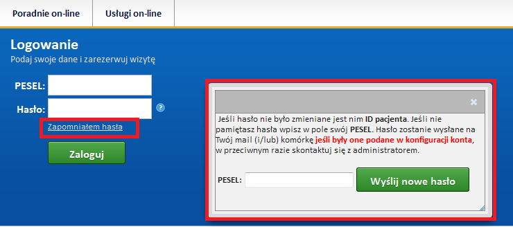 W przypadku, gdy użytkownik nie pamięta hasła, system wygeneruje dla niego nowe hasło, które zostanie wysłane jako e-mail oraz SMS jeśli ZOZ aktywował funkcję wysyłania powiadomień SMS do pacjentów.