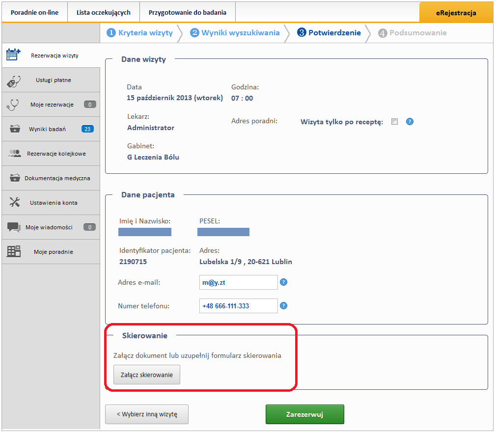 Rysunek 20 Rezerwacja wizyty- sekcja "Skierowanie" Skierowanie może być dołączone do