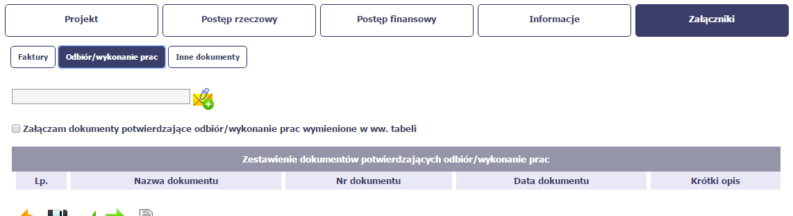 Po załączeniu dokumentów możesz je usunąć (także wszystkie naraz) lub podejrzeć poprzez funkcje dostępne w tabeli: Usuń Usuń wszystkie Podgląd Odbiór/wykonanie prac W tej sekcji, dostępne dla Ciebie