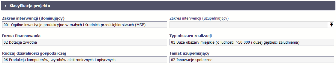 Ostatnim elementem umowy są bloki Klasyfikacja projektu oraz Lista mierzalnych wskaźników projektu zawierająca zadeklarowane przez Ciebie wskaźniki produktu i rezultatu.