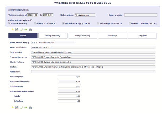 Spowoduje to wyczyszczenie wartości wprowadzonych w bloku Identyfikacja wniosku.
