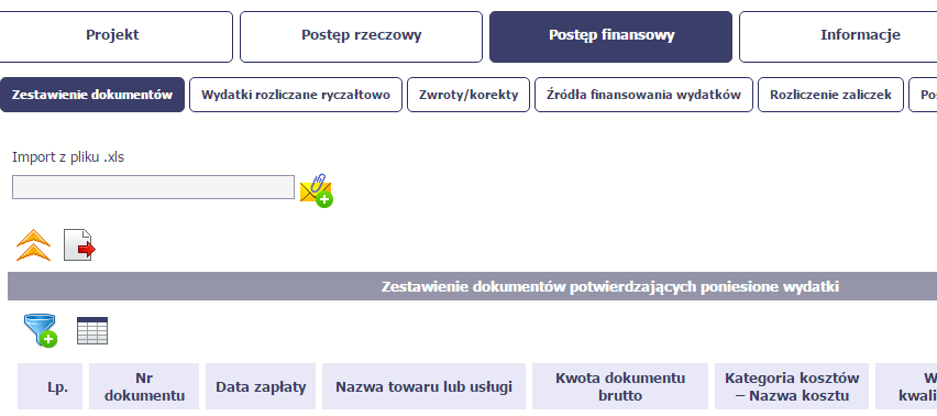 Pola zawarte w zestawieniu uzupełniane poprzez import pliku xls bądź wprowadzanie ręcznie są dokładnie takie same.