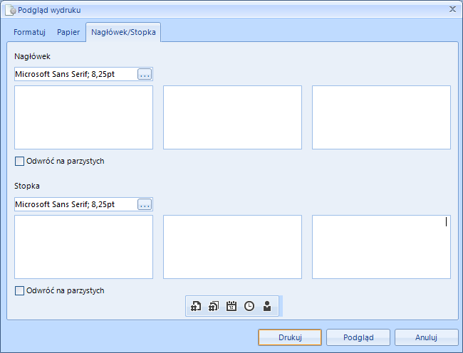3. Nagłówek/stopka Trzecia zakładka umożliwia dodanie nagłówka oraz stopki do wydruku. Można ustawić nagłówek/stopkę po lewej stronie, w środku oraz po prawej stronie.
