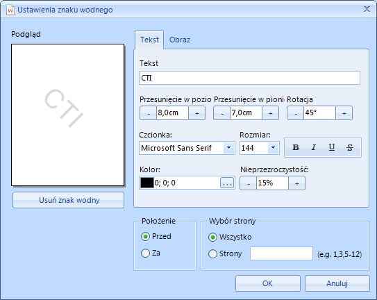 9.1.2.3. Znak wodny Ikona służy do wstawienia znaku wodnego. Po kliknięciu w ikonę otworzy się nowe okno: Znak wodny może mieć formę tekstu albo obrazu. 1.