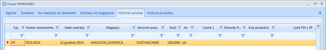 Ilość ilość towaru na dokumencie, Jm jednostka miary, Cecha 1 numer partii dostawy (w przypadku surowca z cechą), Cecha 2 dodatkowa cecha, Zlecenie Produkcyjne numer zlecenia produkcyjnego, Kod