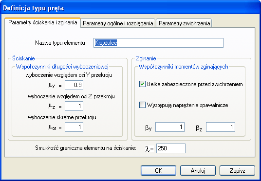 InterStal - 2 Sprawdzanie nośności elementów 2.4 Parametry typu elementu W oknie dialogowym Wymiarowanie stali wybieramy z listy Typ elementu i przypisujemy je do wymiarowanego pręta.