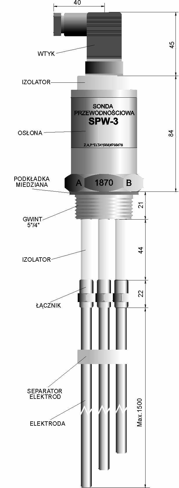 SPW-3 INSTRUKCJA INSTALACJI I OBSŁUGI 2 OPIS Sonda przewodnościowa SPW-3 słuŝy do sygnalizacji poziomu cieczy przewodzących.