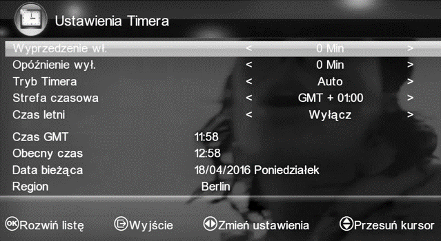 O Odbiorniku: wyświetla informację o tunerze Ustawienia Timera Opcja menu umożliwiająca ustawienie parametrów - TIMER - samoczynnego nagrywania na zewnętrzny nośnik pamięci USB. Wyprzedzenie wł.