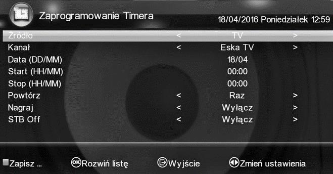Zaprogramowanie Timera Opcja menu umożliwiająca zaprogramowanie samoczynnego nagrywania na nośnik USB Nagrywanie wybranych programów można programować z opcji Ustawienia Timera jak również z funkcji