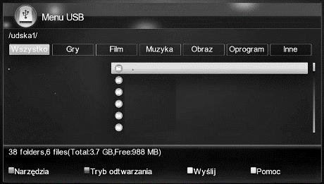 Uwaga: Obsługiwane są następujące formaty : FAT, FAT32 i NTFS. Po podłączeniu zewnętrznej pamięci USB do tunera przyciskiem GÓRA/DÓŁ należy wybrać odpowiedni format zapisanej treści np.