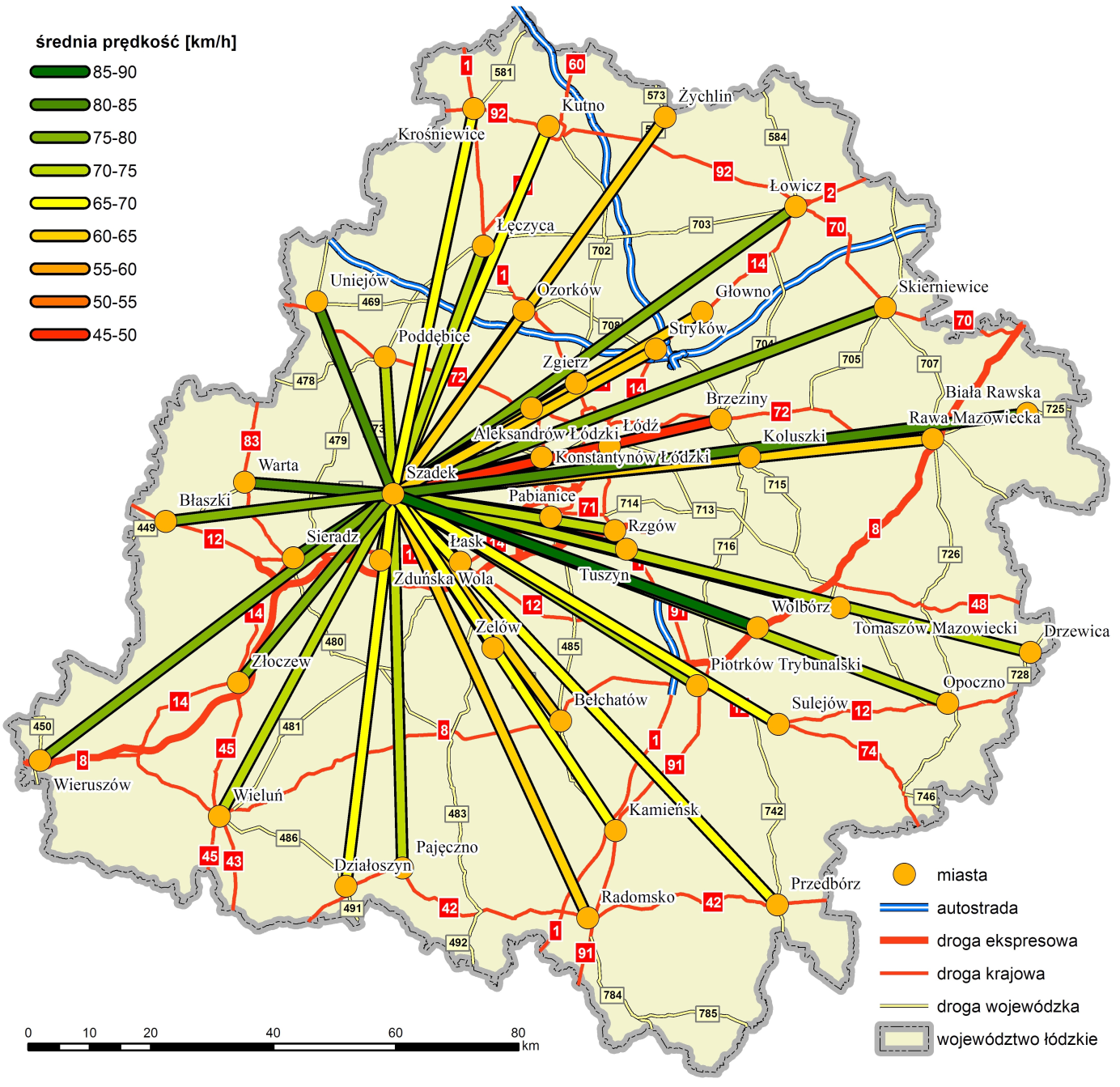 152 Szymon Wiśniewski Ryc. 2. Średnia teoretyczna prędkość przejazdu w transporcie indywidualnym pomiędzy Szadkiem a pozostałymi miastami województwa łódzkiego w 2015 r. Źródło: oprac.