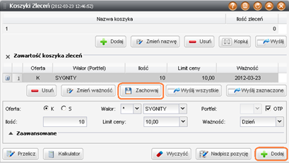 do wysłania na raz, może być przydatna jednoczesnego kupowania/sprzedawania walorów jednym kliknięciem. W tym celu należy wybrać z menu Zlecenia -> Koszyki zleceń -> Dodaj.