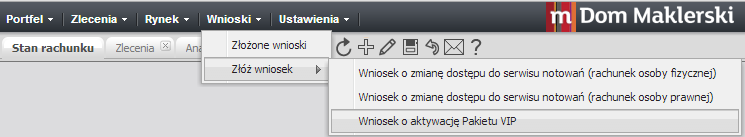 Stan swojego wniosku można śledzić w funkcji Wnioski -> Złożone wnioski.