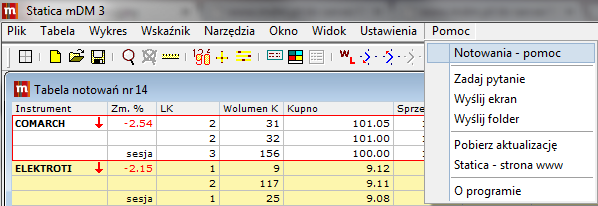 Zlecenie można również złożyć klikając prawym przyciskiem myszy na wybrany przez Klienta walor. Zlecenia składane są na ostatni wybrany przez Klienta rachunek.