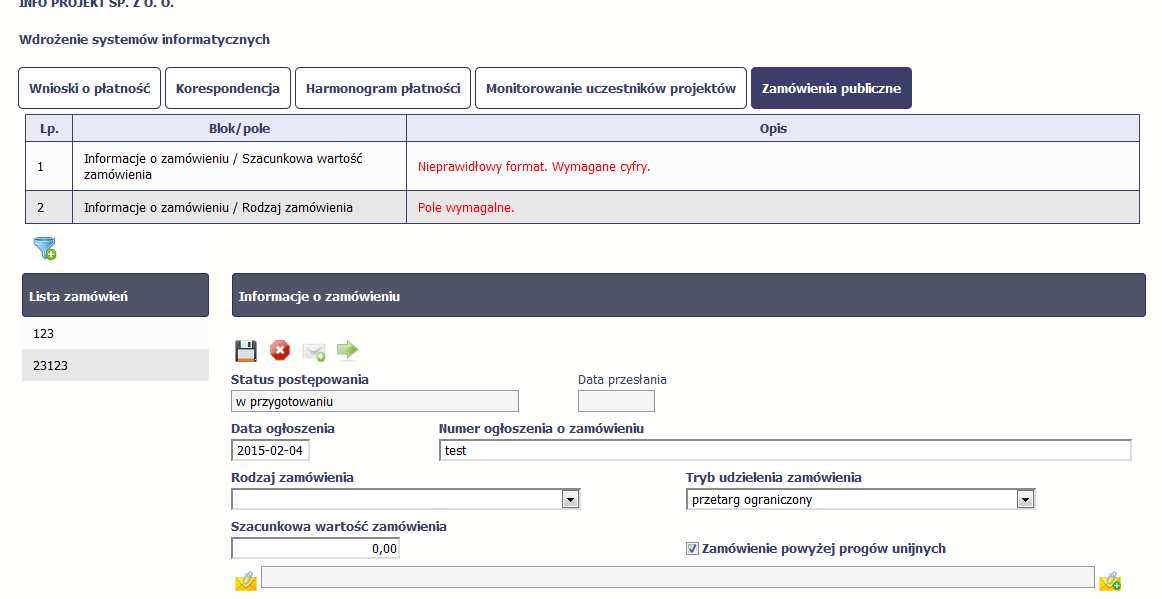 Jeżeli informacja będzie zawierała nieprawidłowe dane, system w specjalnym bloku Wynik walidacji wyświetlonym nad sekcją