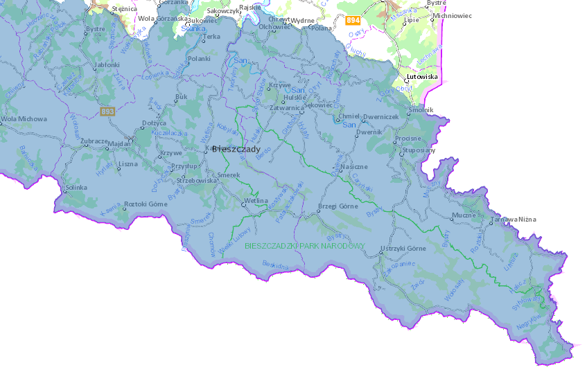 Położenie terenu MPZP Smerek 1/2016 na tle obszarów chronionych /http://mapy.geoportal.gov.