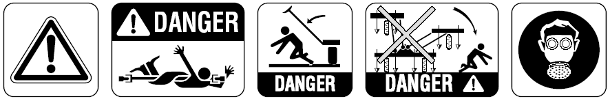 DANGER = NIEBEZPIECZEŃSTWO BEZPIECZEŃSTWO PRACY: Zwrócić uwagę na zalecenia związane z bezpieczeństwem pracy: WOM wg załączonej do niego ulotki Znaczniki przejazdów i składane ramy nigdy nie wolno na