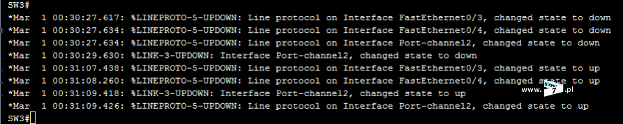 36 (Pobrane z slow7.pl) powiązanego z tymi interfejsami łącza Po2. Proces konfiguracji możemy również obserwować na switchu SW3.