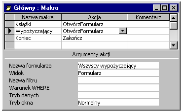 Makrodefinicje 53 przyciski do formularza, a akcje napisać przy pomocy makropoleceń. Ćwiczenie to polega na zaprojektowaniu grupy makropoleceń dla formularza Głównego.