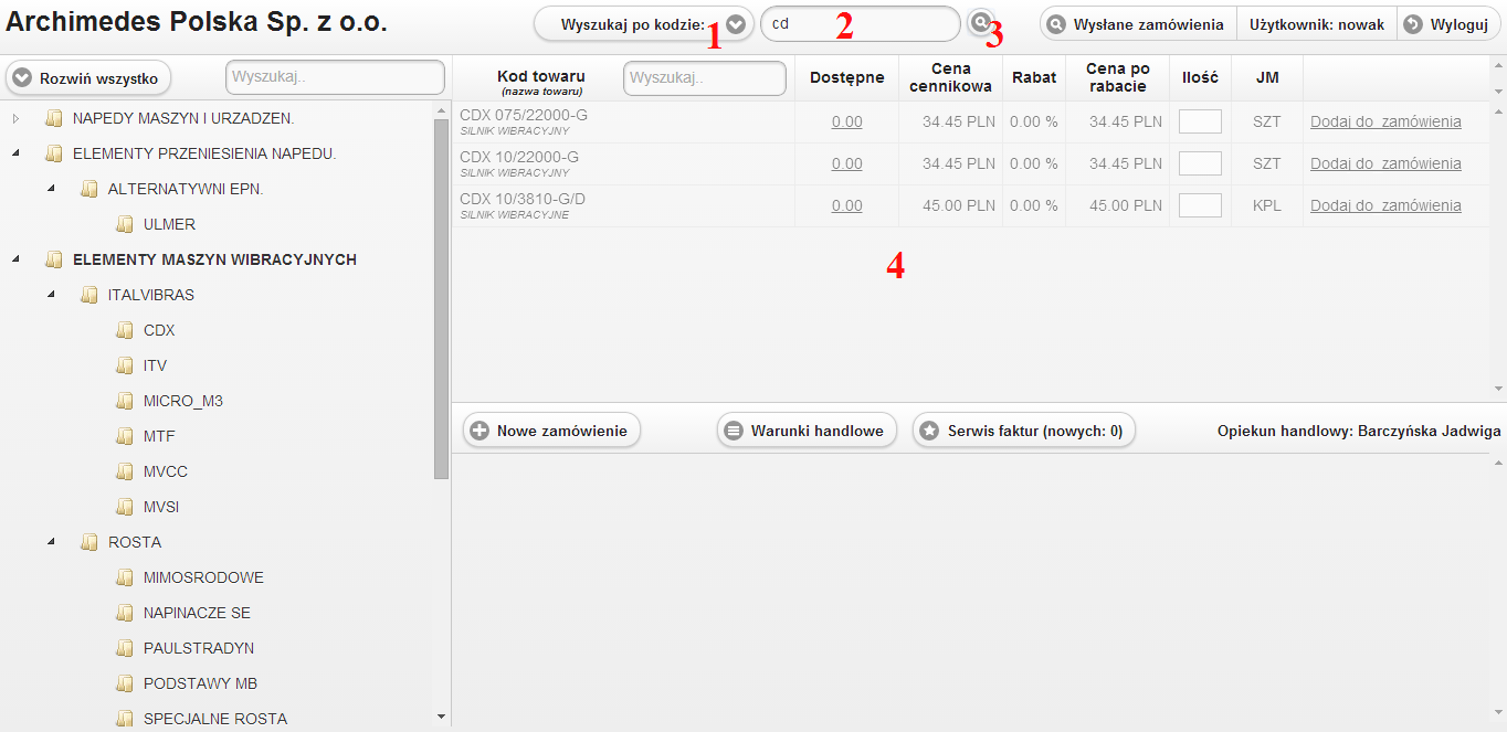 Wyszukiwanie towarów w bazie po ich kodzie Aby odnaleźć towar należy wybrać z rozwijanej listy (1) pozycję : 'Wyszukaj po kodzie'.