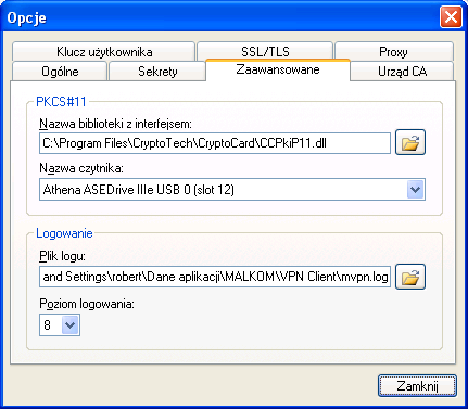 Ta grupa opcji decyduje o konfiguracji interfejsu PKCS#11 umożliwiającego wykorzystanie karty kryptograficznej do zestawiania bezpiecznych połączeń SSL/TLS oraz o konfiguracji dziennika zdarzeń