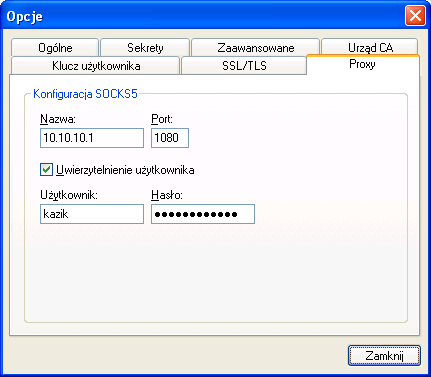 7.7 Konfiguracja serwera Proxy Aplikacja MALKOM VPN Client umożliwia zestawianie bezpiecznych połączeń SSL/TLS do serwera proxy typu SOCKS5.