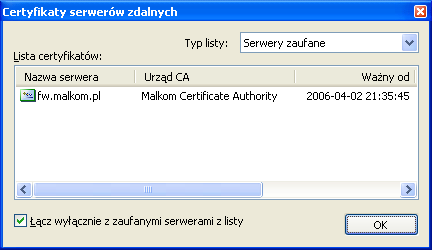 Aplikacja MALKOM VPN Client była testowana z certyfikatami wydanymi przez aplikację centrum certyfikacji MALKOM QR-CERT. 8.