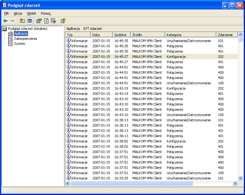 Audyt aplikacji Aplikacja MALKOM VPN Client rejestruje określone grupy zdarzeń do logu systemowego.