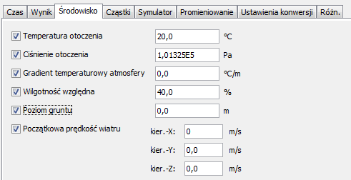 Rys. 1 Ustawienia FDS/Parametry symulacji/środowisko w PyroSim Początkowe ustawienia zakładają prędkość powietrza równą zero, oraz nie biorą pod uwagę początkowego gradientu temperaturowego atmosfery.