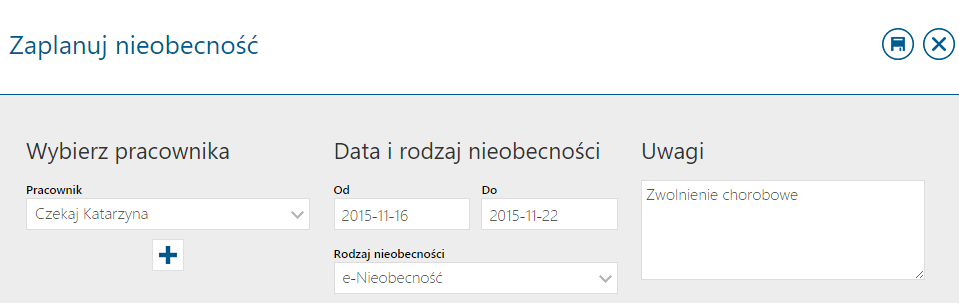 Występująca w programie e-nieobecność pozwala na odnotowanie innego rodzaju nieobecności niż urlop.