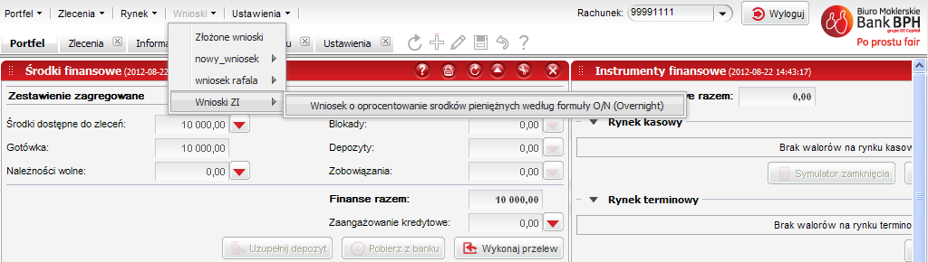 Rysunek 27 e) W zakładce Rynek dostępne są Wykresy oraz Notowania instrumentów notowanych na Giełdzie (Rysunek 28): Rysunek 28 f) Zakładka Wnioski umożliwia złożenie